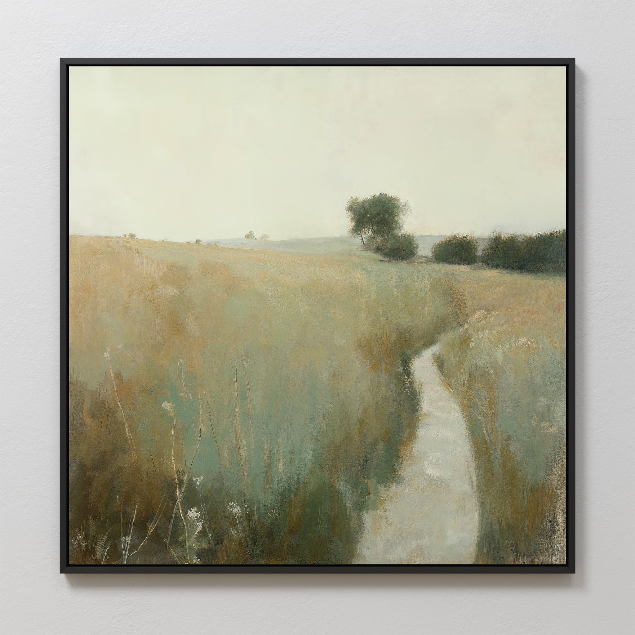 Path Through the Meadow Canvas Art features a serene rural landscape with a winding path in golden fields and distant trees—ideal wall decor for nature lovers seeking calm, rustic charm.
