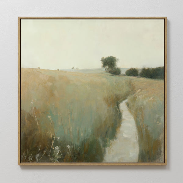The Path Through the Meadow Canvas Art showcases a serene landscape with a winding path through tall grass and distant trees beneath a hazy sky, ideal rustic decor for nature lovers to display on any white wall.