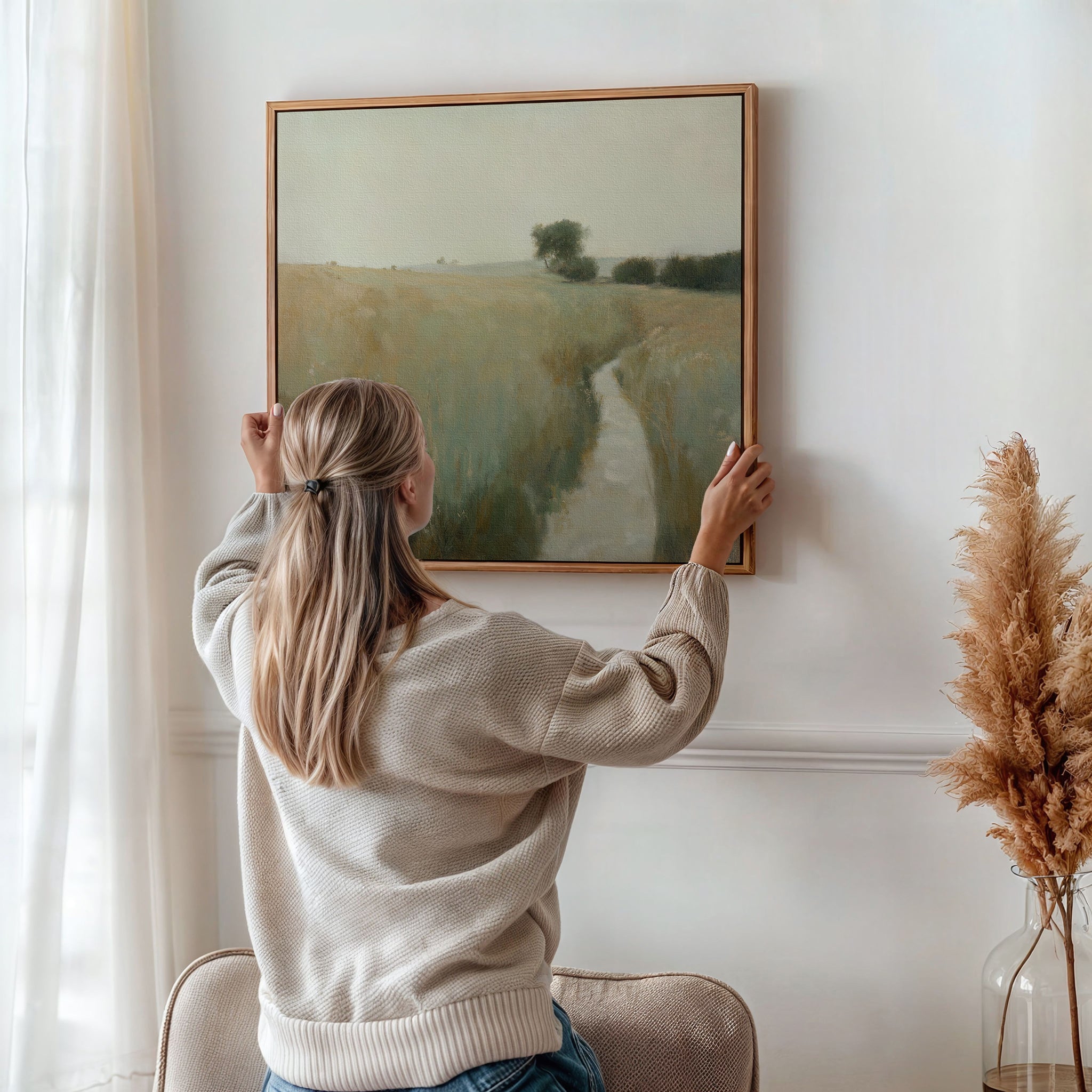 A person with long blonde hair, in a beige sweater, hangs the Path Through the Meadow Canvas Art on a white wall. The framed landscape and pampas grass in a glass vase create an ideal rustic look for nature-loving decor fans.