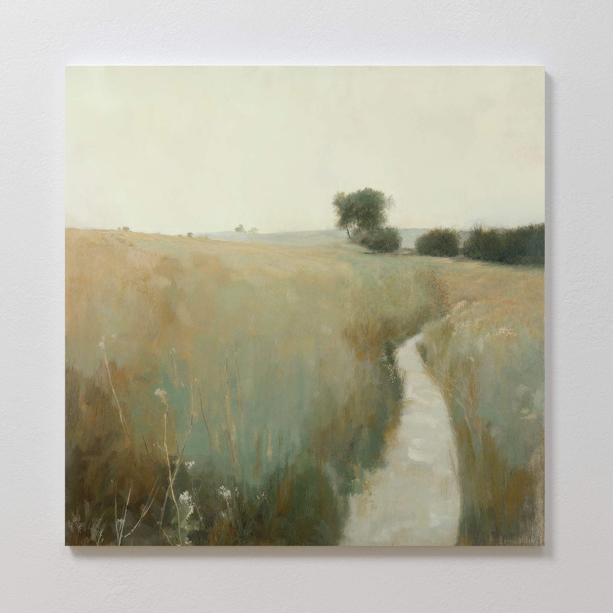 Path Through the Meadow Canvas Art features a tranquil countryside with a winding path through golden grasses—ideal wall art for nature lovers seeking rustic decor and a serene, calming ambiance.
