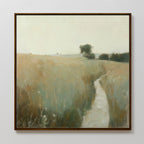 Path Through the Meadow Canvas Art features a soft, muted landscape with a winding path through grassy fields and distant trees beneath a hazy sky—perfect rustic wall decor for nature lovers.