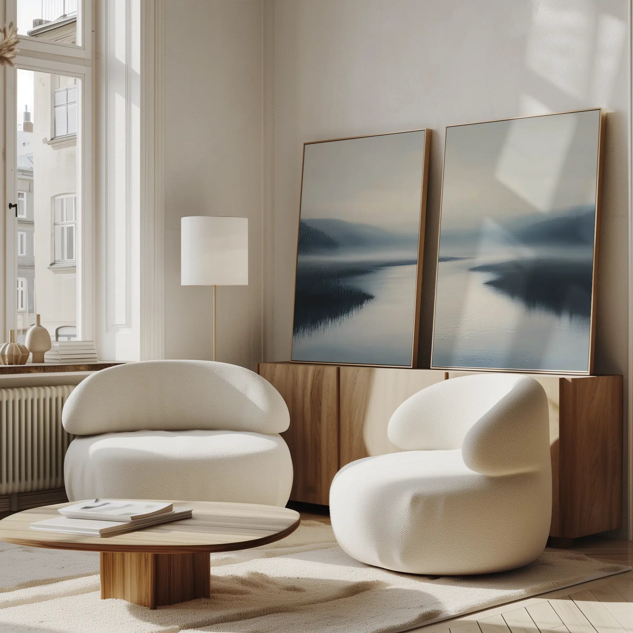 A modern living room features two rounded white armchairs, a low wooden coffee table, tranquil decor, and the Peaceful Waters Set of 2 landscape wall art leaning against a wooden cabinet. Soft natural light fills the space.