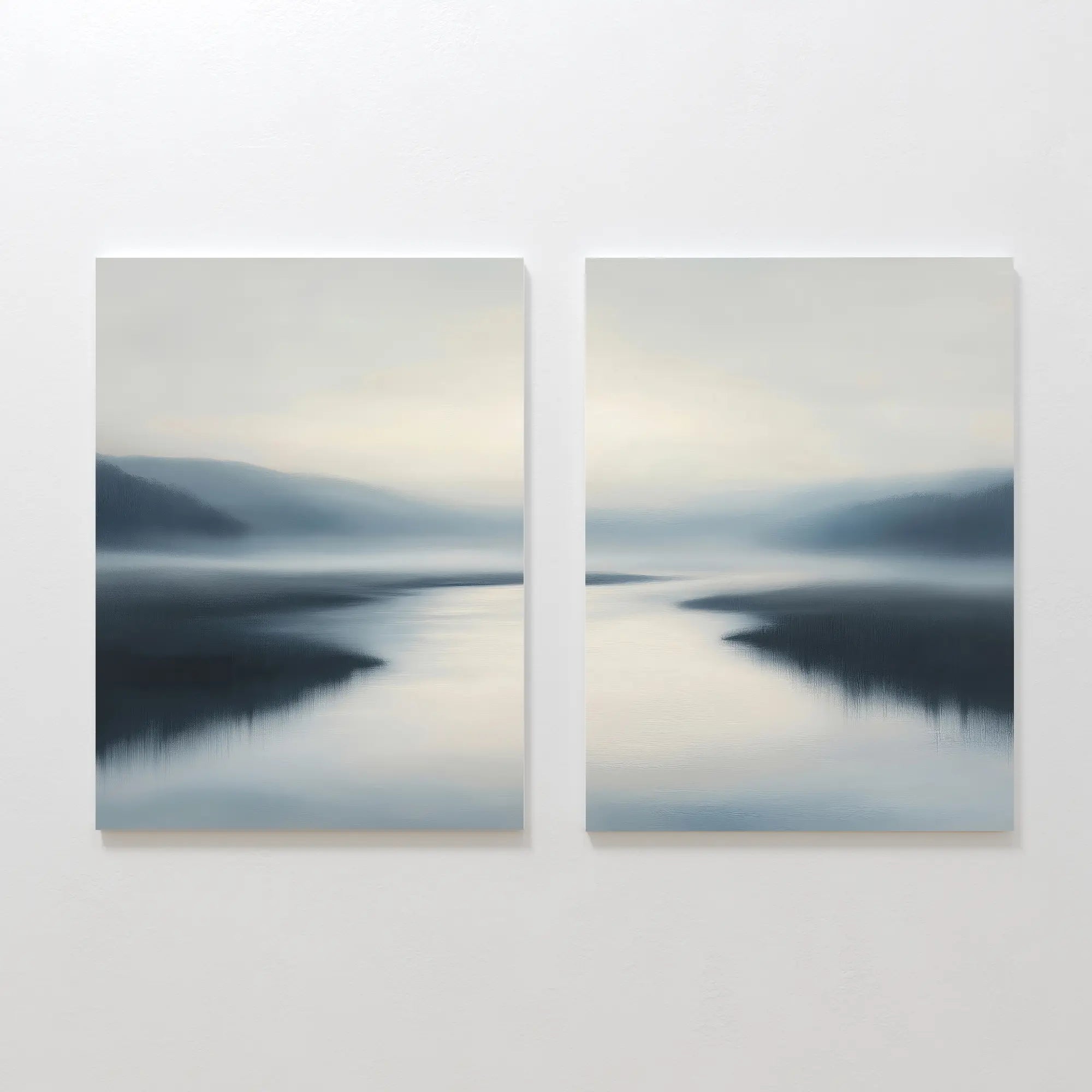 The Peaceful Waters Set of 2 features side-by-side canvas paintings of a serene Nordic Park with calm water reflecting soft gray and blue tones, creating tranquil landscape wall art under a pale sky.
