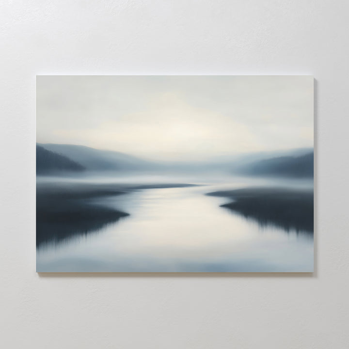 The Peaceful Waters Canvas Art – Horizontal features a calm, misty river winding through soft hills in muted blue and gray tones, creating serene landscape wall art ideal for tranquil living room decor.