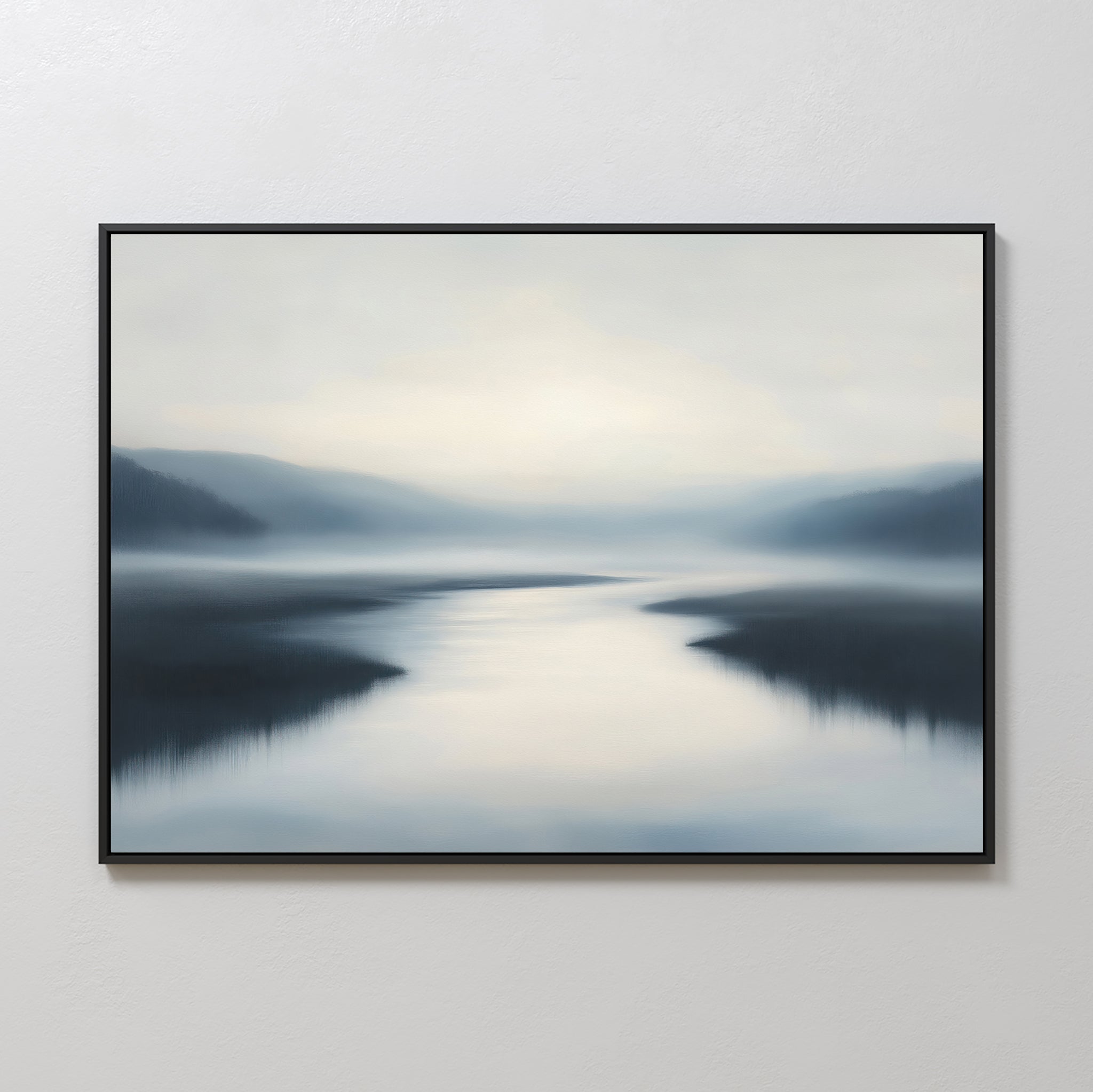 The Peaceful Waters Canvas Art – Horizontal features a serene, misty landscape with calm water reflecting a pale sky, framed by dark hills and distant blue-gray mountains—ideal as calming wall art or tranquil living room decor.