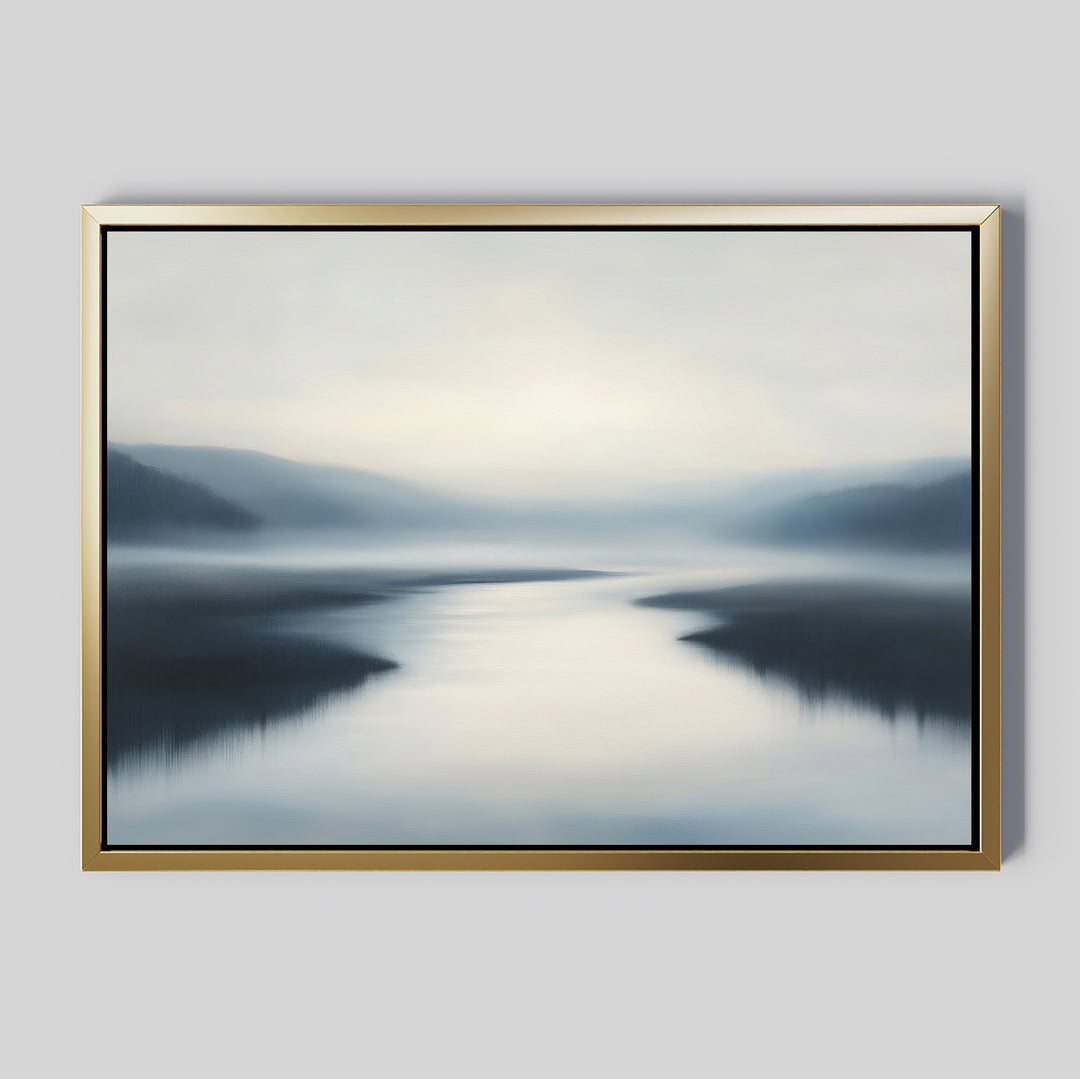 The Peaceful Waters Canvas Art – Horizontal features a serene misty landscape with a winding river and gentle hills in cool blues and grays, adding a tranquil touch to any living room decor.