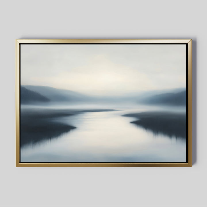 The Peaceful Waters Canvas Art – Horizontal features a serene misty landscape with a winding river and gentle hills in cool blues and grays, adding a tranquil touch to any living room decor.