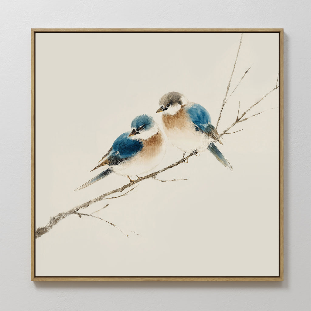Perched Companions Canvas Art features two blue and brown birds on a bare branch against a light, neutral background—ideal for adding Nordic charm to your wall decor.