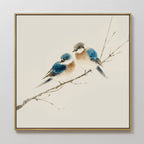 Perched Companions Canvas Art features two blue and brown birds on a bare branch against a light, neutral background—ideal for adding Nordic charm to your wall decor.