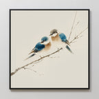 The Perched Companions Canvas Art features two blue and brown birds on a bare branch against a light background, making it an ideal choice for subtle Nordic wall decor in your home.
