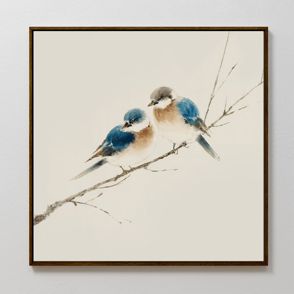 The Perched Companions Canvas Art showcases two blue and brown birds on a bare branch, set against a neutral backdrop and finished with a simple dark frame—an ideal choice for Nordic-inspired wall decor.