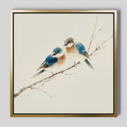 The Perched Companions Canvas Art features two blue and brown birds on a bare branch against a light background. This minimalistic, framed artwork with a gold finish is perfect for Nordic wall decor.