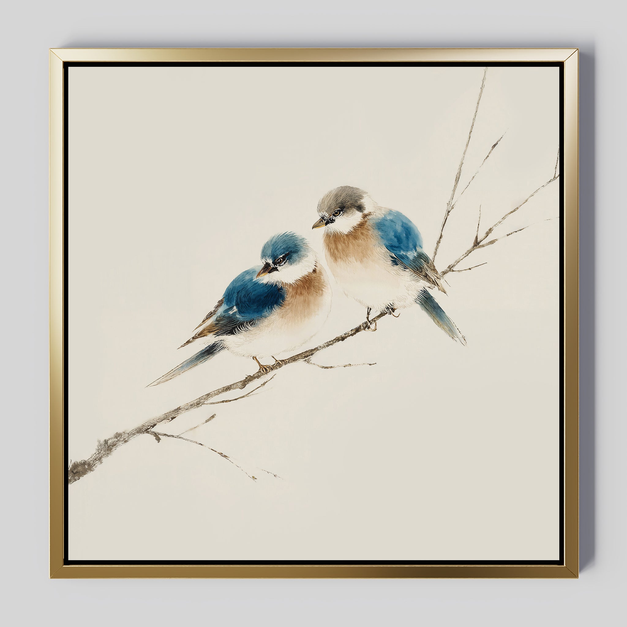 The Perched Companions Canvas Art features two blue and brown birds on a bare branch against a light background. This minimalistic, framed artwork with a gold finish is perfect for Nordic wall decor.