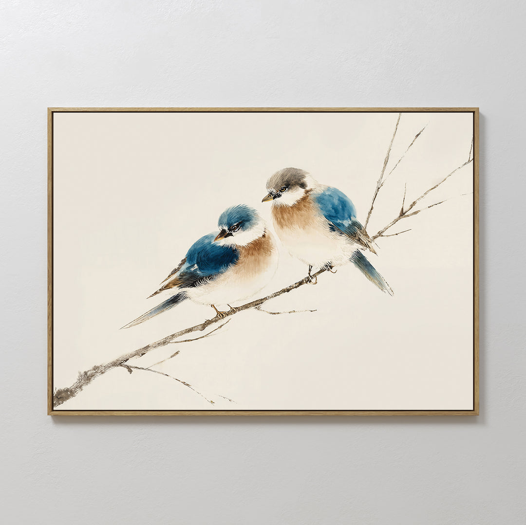 Perched Companions Canvas Art – Horizontal features two blue and brown birds closely perched on a bare branch against a neutral backdrop, making it the perfect wall art print to add cozy charm to your home decor.