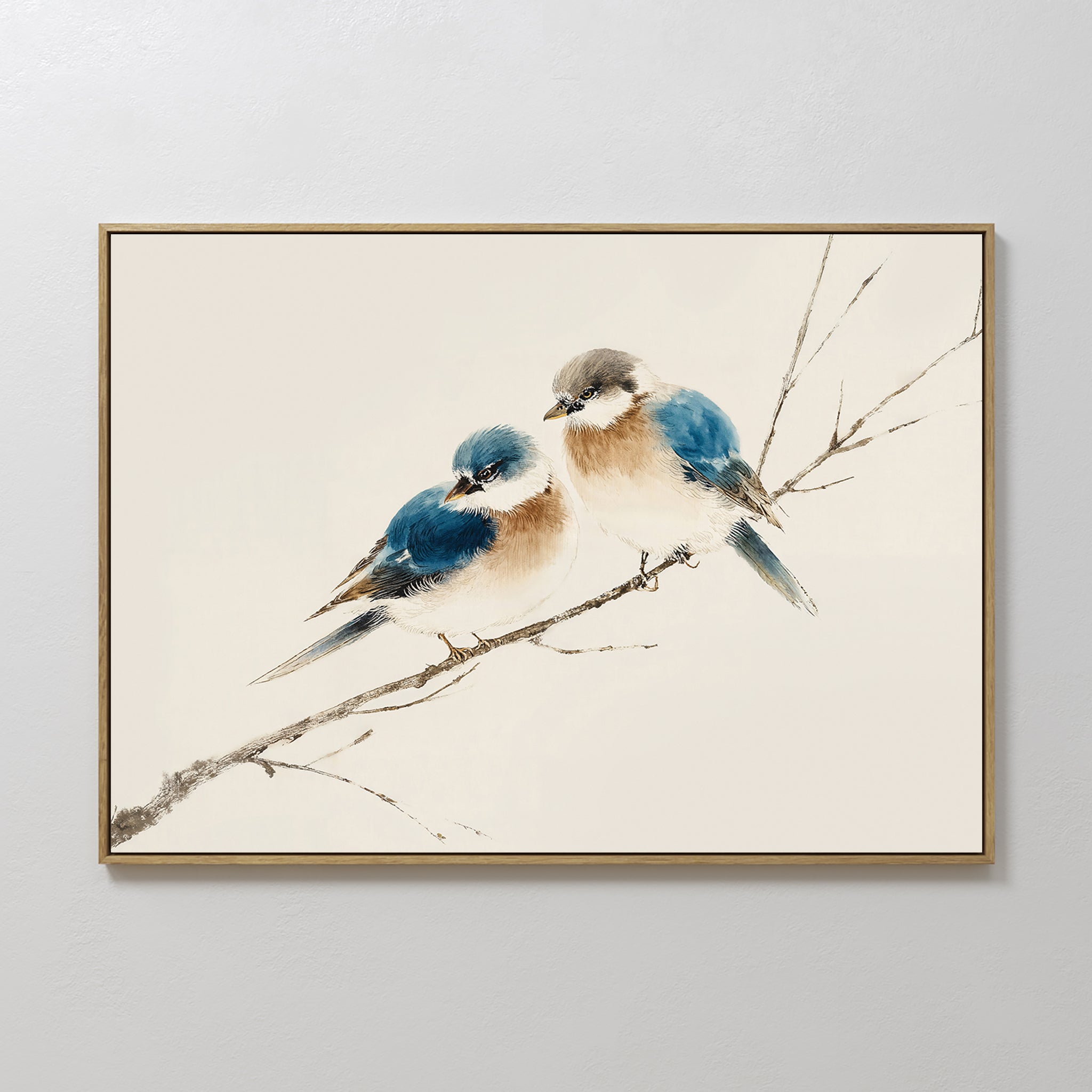 Perched Companions Canvas Art – Horizontal features two blue and brown birds closely perched on a bare branch against a neutral backdrop, making it the perfect wall art print to add cozy charm to your home decor.