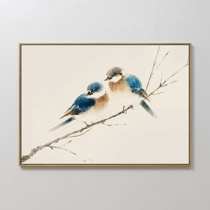 Perched Companions Canvas Art – Horizontal features two blue and brown birds closely perched on a bare branch against a neutral backdrop, making it the perfect wall art print to add cozy charm to your home decor.