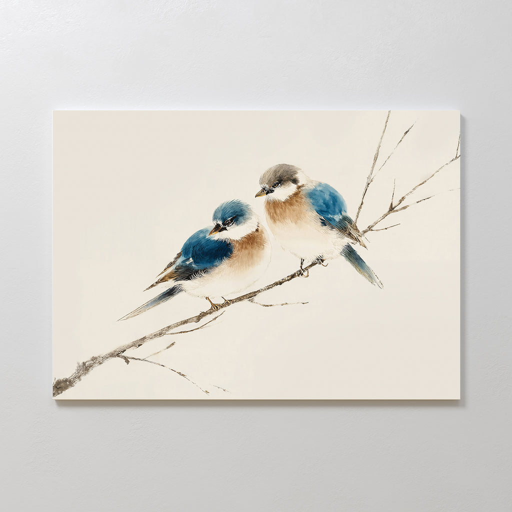 The Perched Companions Canvas Art – Horizontal features two blue and brown birds snuggled together on a bare branch, set against a light background—ideal bird wall art for cozy home decor or as a charming print.