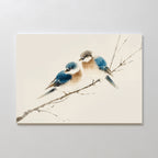 The Perched Companions Canvas Art – Horizontal features two blue and brown birds snuggled together on a bare branch, set against a light background—ideal bird wall art for cozy home decor or as a charming print.