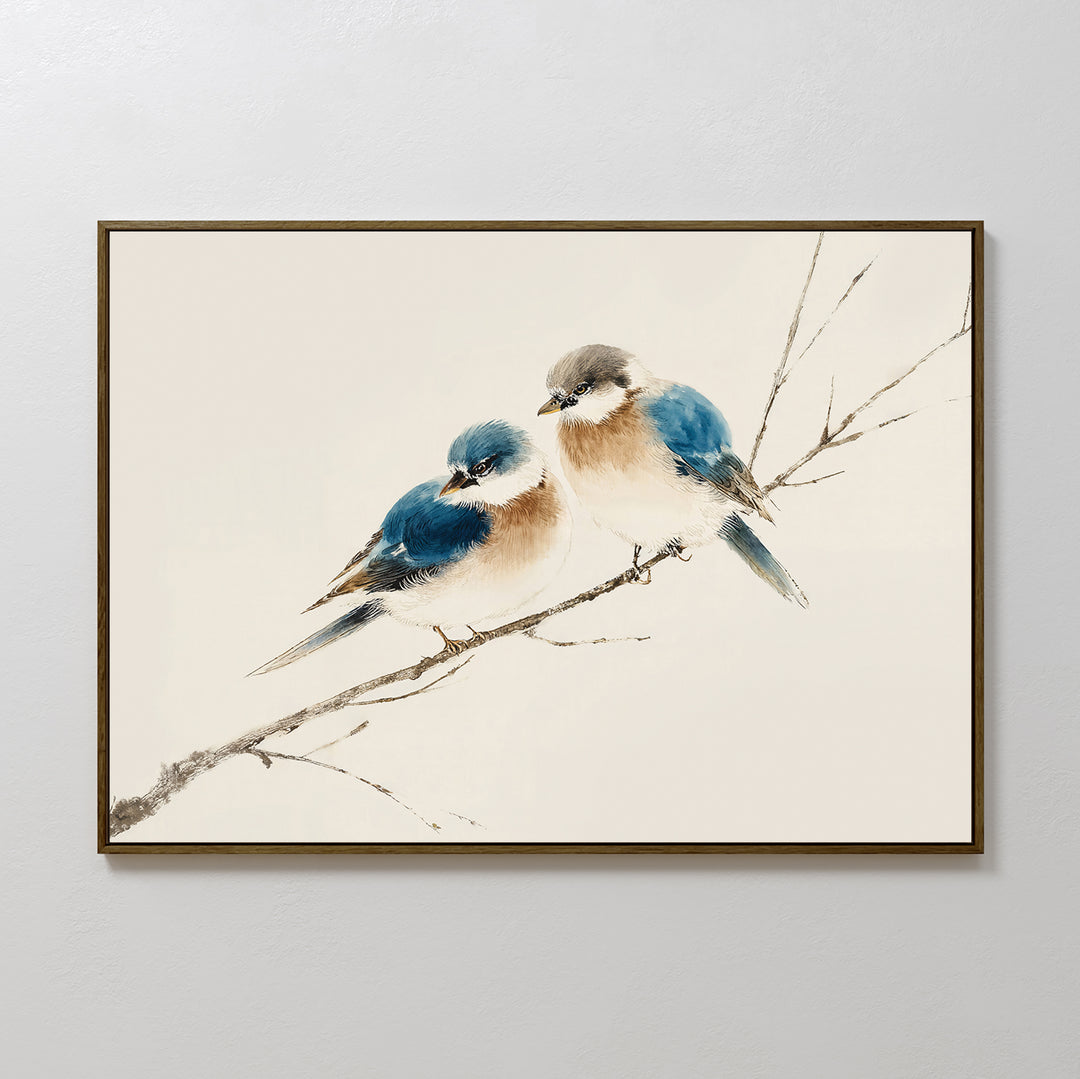 The Perched Companions Canvas Art – Horizontal features two blue and brown birds closely perched on a bare branch against a neutral background, making it a cozy home decor accent or charming wall art print.
