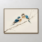The Perched Companions Canvas Art – Horizontal features two blue and brown birds closely perched on a bare branch against a neutral background, making it a cozy home decor accent or charming wall art print.