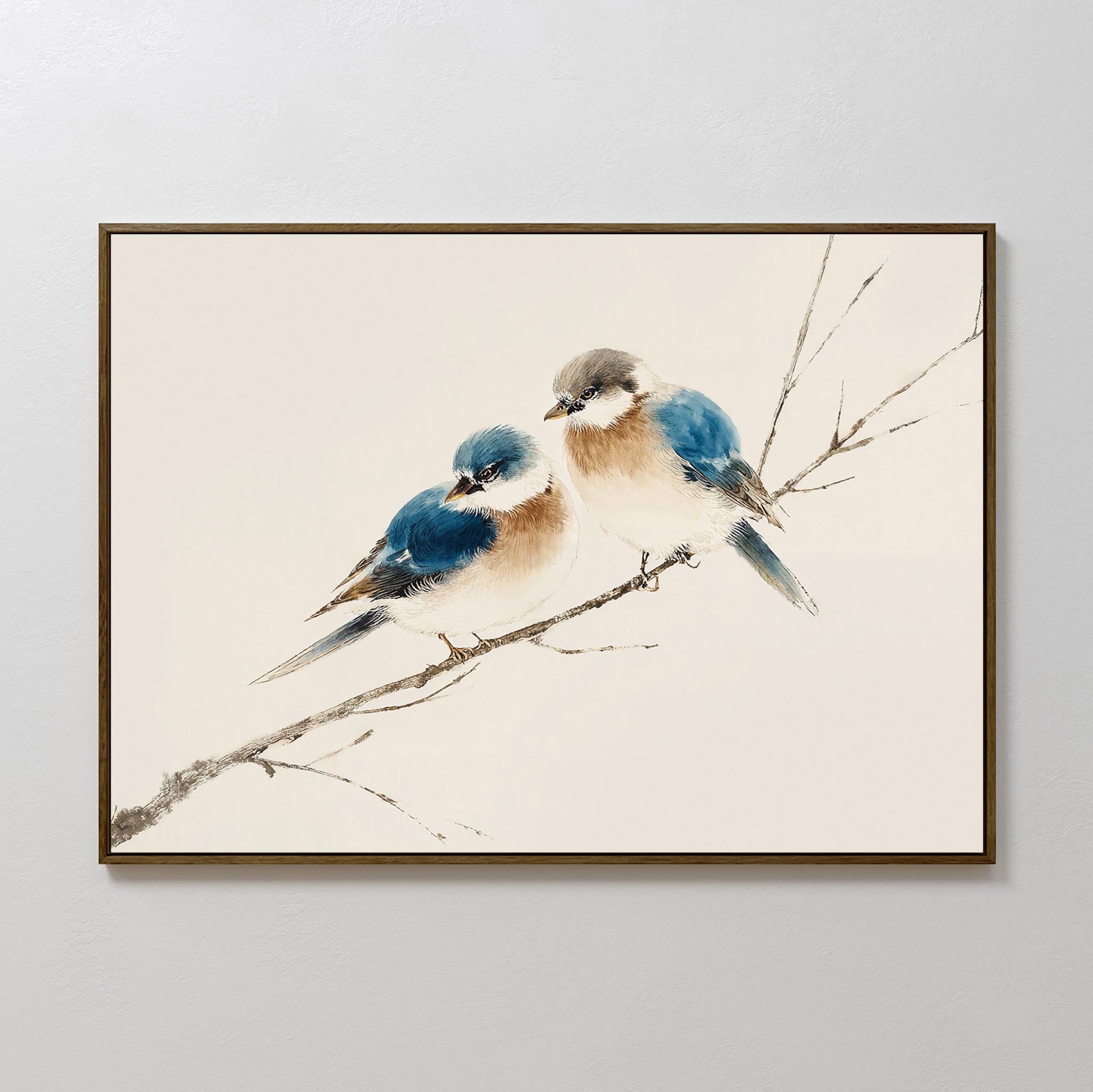 The Perched Companions Canvas Art – Horizontal features two blue and brown birds closely perched on a bare branch against a neutral background, making it a cozy home decor accent or charming wall art print.