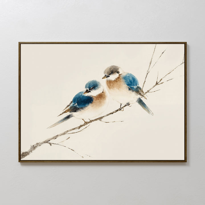The Perched Companions Canvas Art – Horizontal features two blue and brown birds closely perched on a bare branch against a neutral background, making it a cozy home decor accent or charming wall art print.