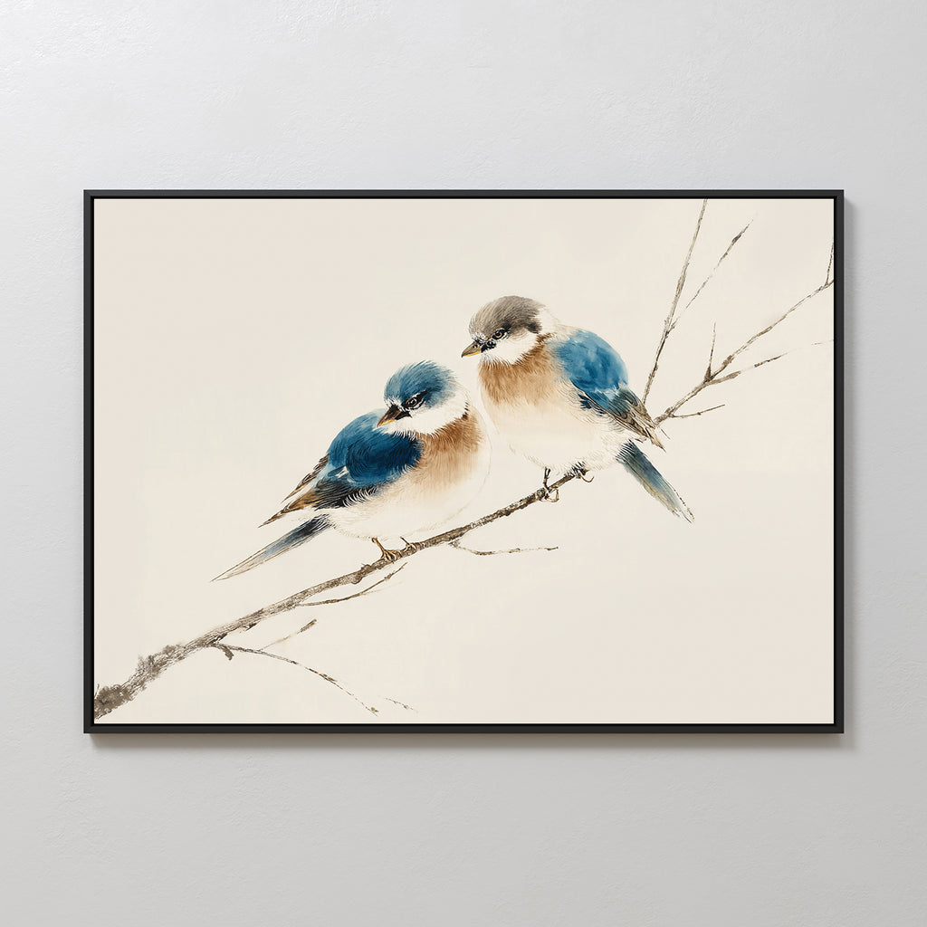 The Perched Companions Canvas Art – Horizontal features two blue and brown birds on a bare branch against a light background—ideal cozy wall decor for any space.