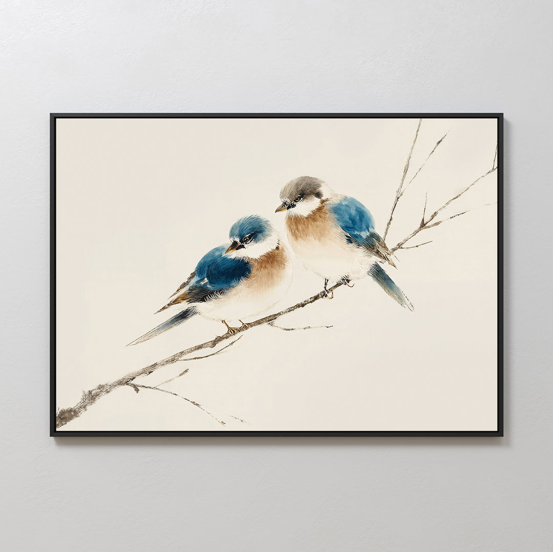The Perched Companions Canvas Art – Horizontal features two blue and brown birds on a bare branch against a light background—ideal cozy wall decor for any space.