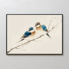 The Perched Companions Canvas Art – Horizontal features two blue and brown birds on a bare branch against a light background—ideal cozy wall decor for any space.
