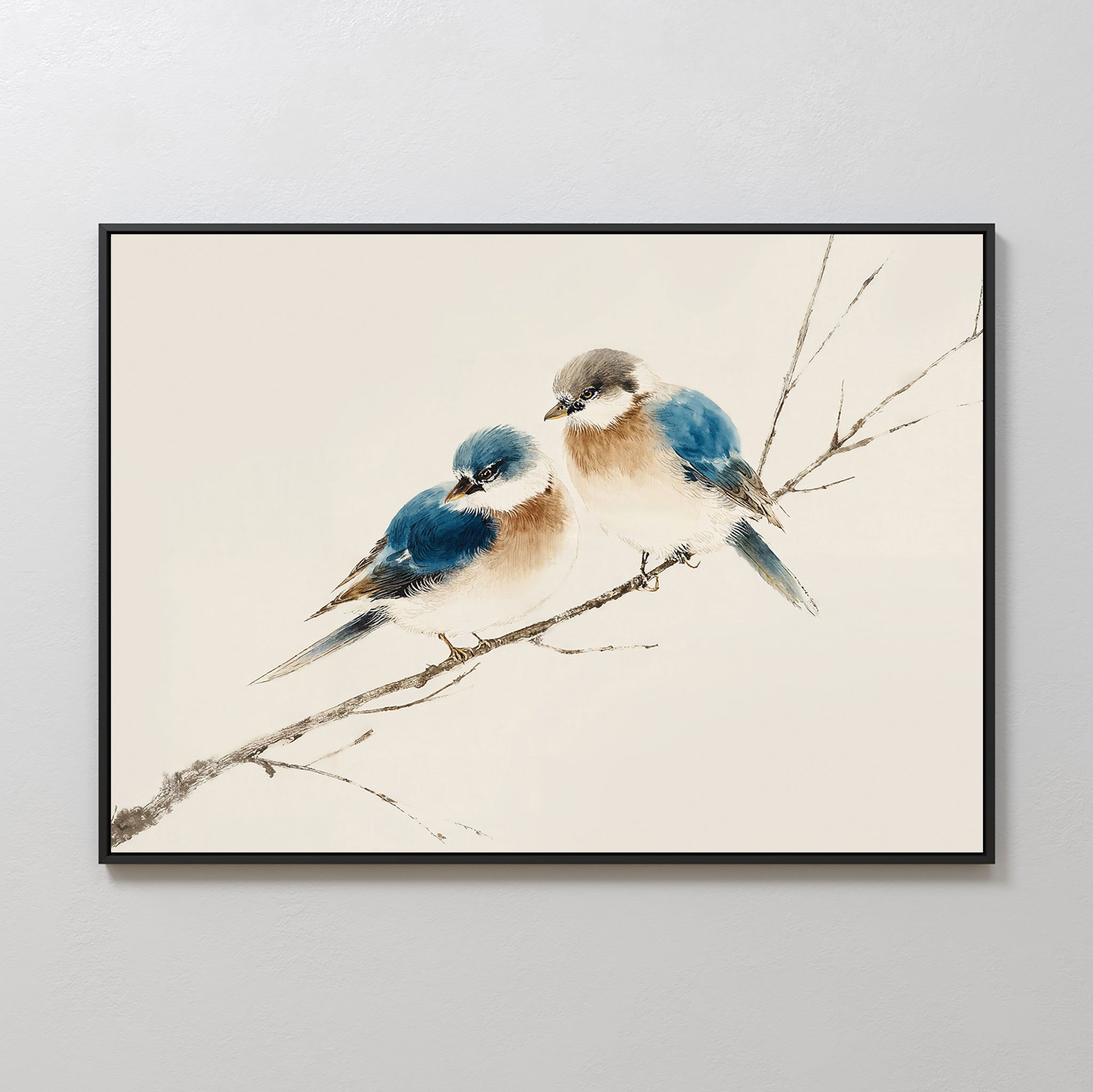 The Perched Companions Canvas Art – Horizontal features two blue and brown birds on a bare branch against a light background—ideal cozy wall decor for any space.