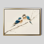 The Perched Companions Canvas Art – Horizontal features two blue and brown birds on a bare branch against a light background, making it an ideal wall art print for cozy home decor.