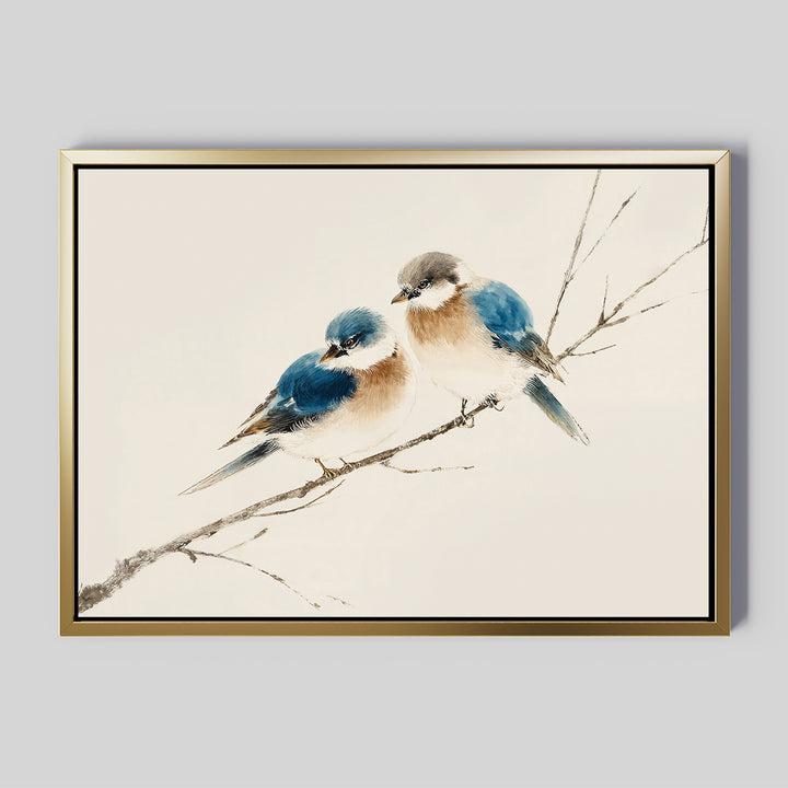 The Perched Companions Canvas Art – Horizontal features two blue and brown birds on a bare branch against a light background, making it an ideal wall art print for cozy home decor.