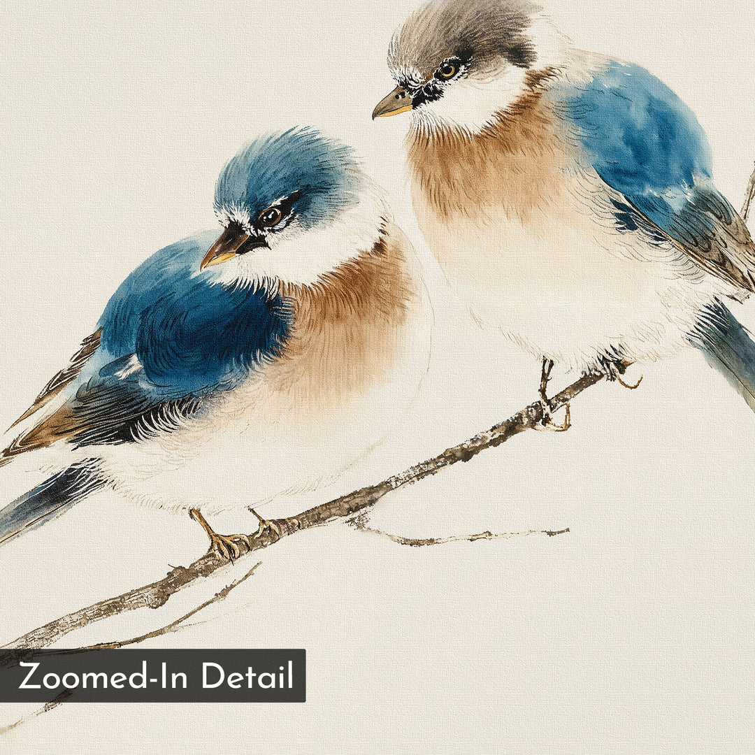 Two birds with blue, brown, and white feathers sit closely on a thin branch in "Perched Companions Canvas Art." Rendered in soft watercolor style, this "Zoomed-In Detail" piece is perfect as bird wall art for any space.