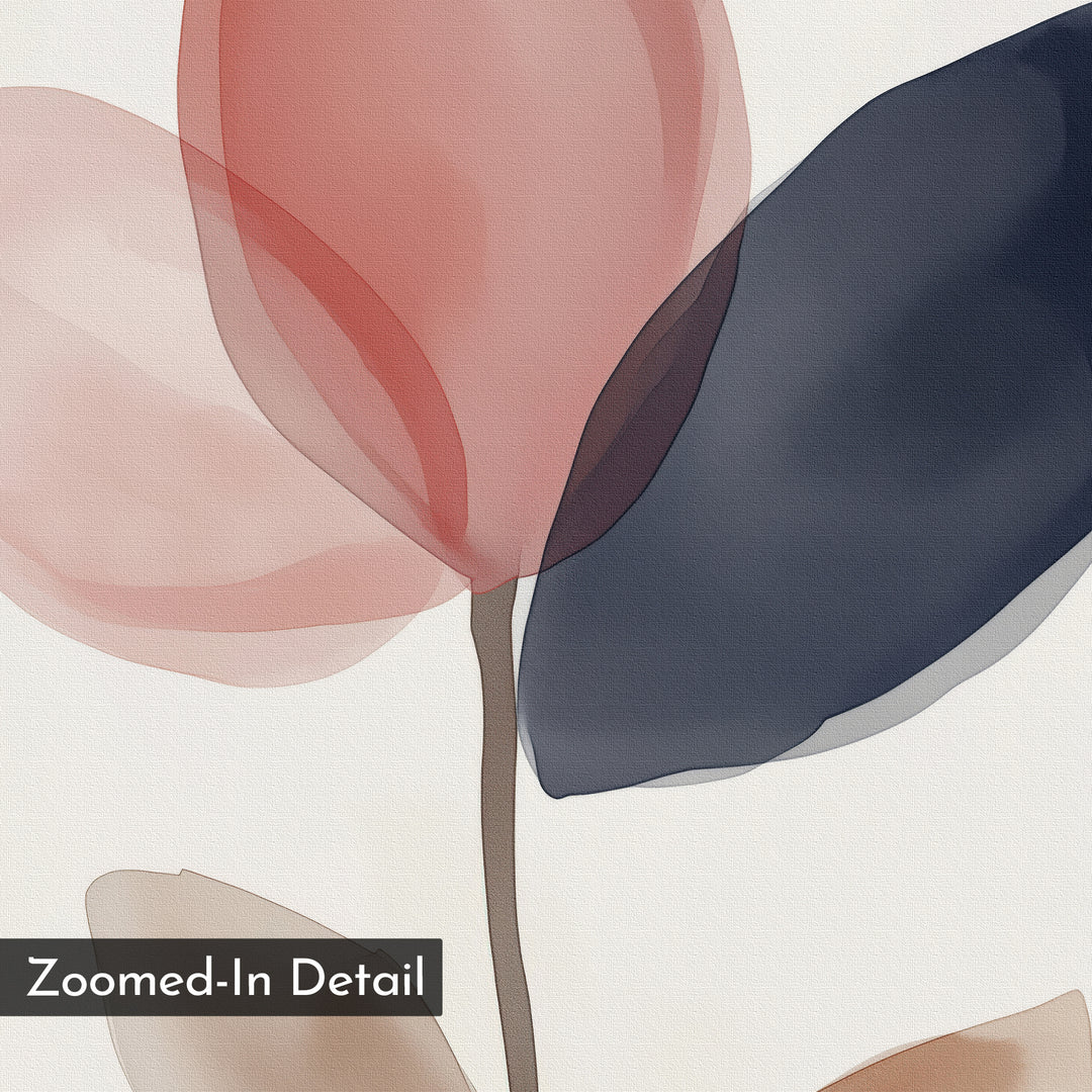 Petal Breeze Canvas Art showcases overlapping, translucent leaves in red, blue, and beige on a white background. Modern wall art ideal for your living room decor. “Zoomed-In Detail” label appears in the bottom left corner.