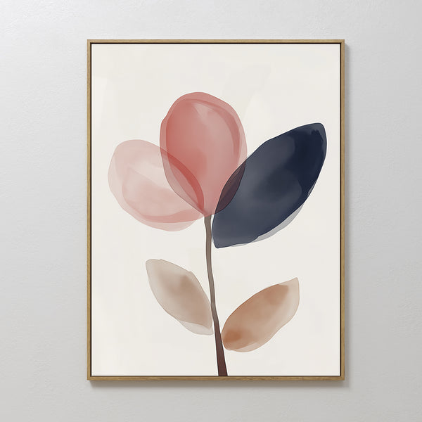 Petal Breeze Canvas Art features a minimalist plant design with five translucent pink, navy blue, and beige leaves on a white background in a slim light frame—an ideal modern accent for your living room decor.
