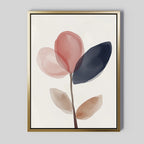Petal Breeze Canvas Art: Minimalist wall decor featuring abstract, watercolor-style leaves in pink, navy blue, and beige on a white background with a gold frame—ideal for modern living room design.