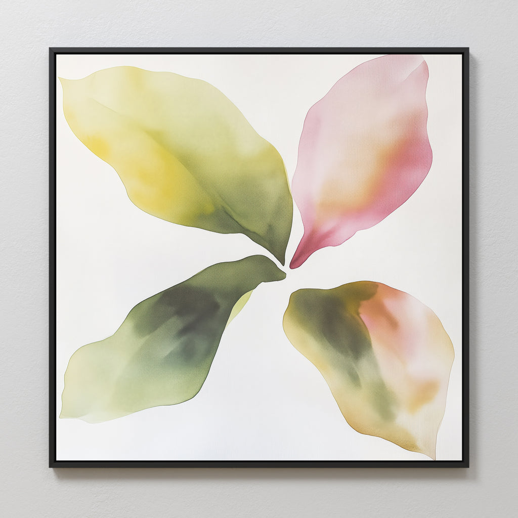 Petal Hues Canvas Art features four watercolor leaf shapes in green, yellow, and pink, arranged in a circular pattern on a white background and framed in slim black—a stylish addition to modern home decor.