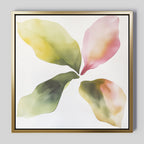 Petal Hues Canvas Art showcases four large, overlapping petal-shaped forms in green, pink, and yellow on a white background. Symmetrically arranged and framed in gold, it makes stunning modern home decor.