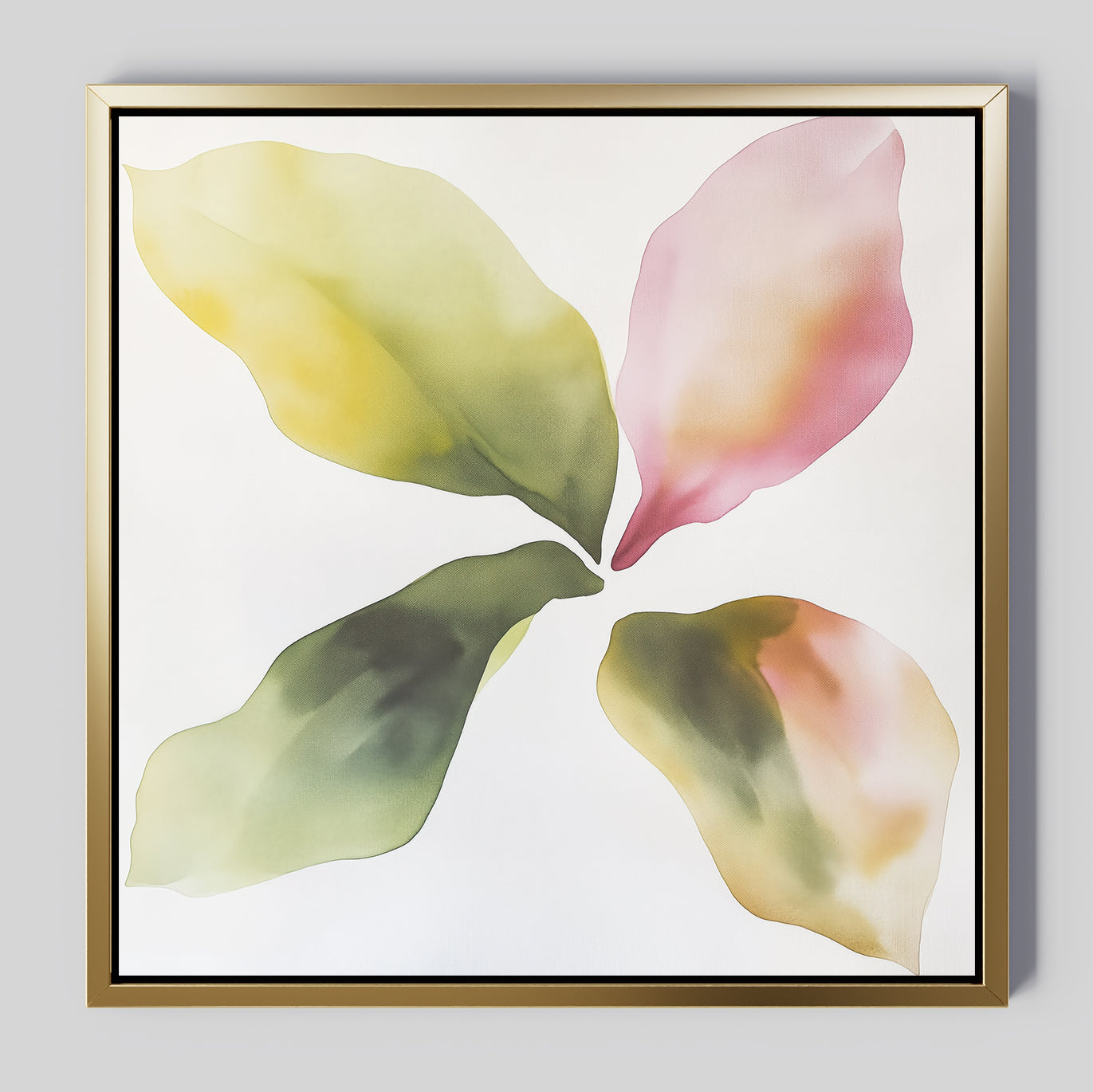 Petal Hues Canvas Art showcases four large, overlapping petal-shaped forms in green, pink, and yellow on a white background. Symmetrically arranged and framed in gold, it makes stunning modern home decor.