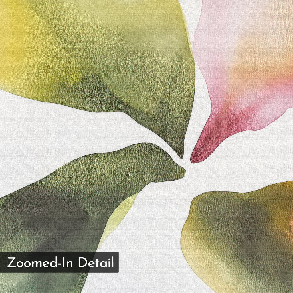 Petal Hues Canvas Art features an abstract close-up of four watercolor-style leaves in green, yellow, and pink on a white background—ideal as modern floral wall art or a watercolor petals print for your living room.