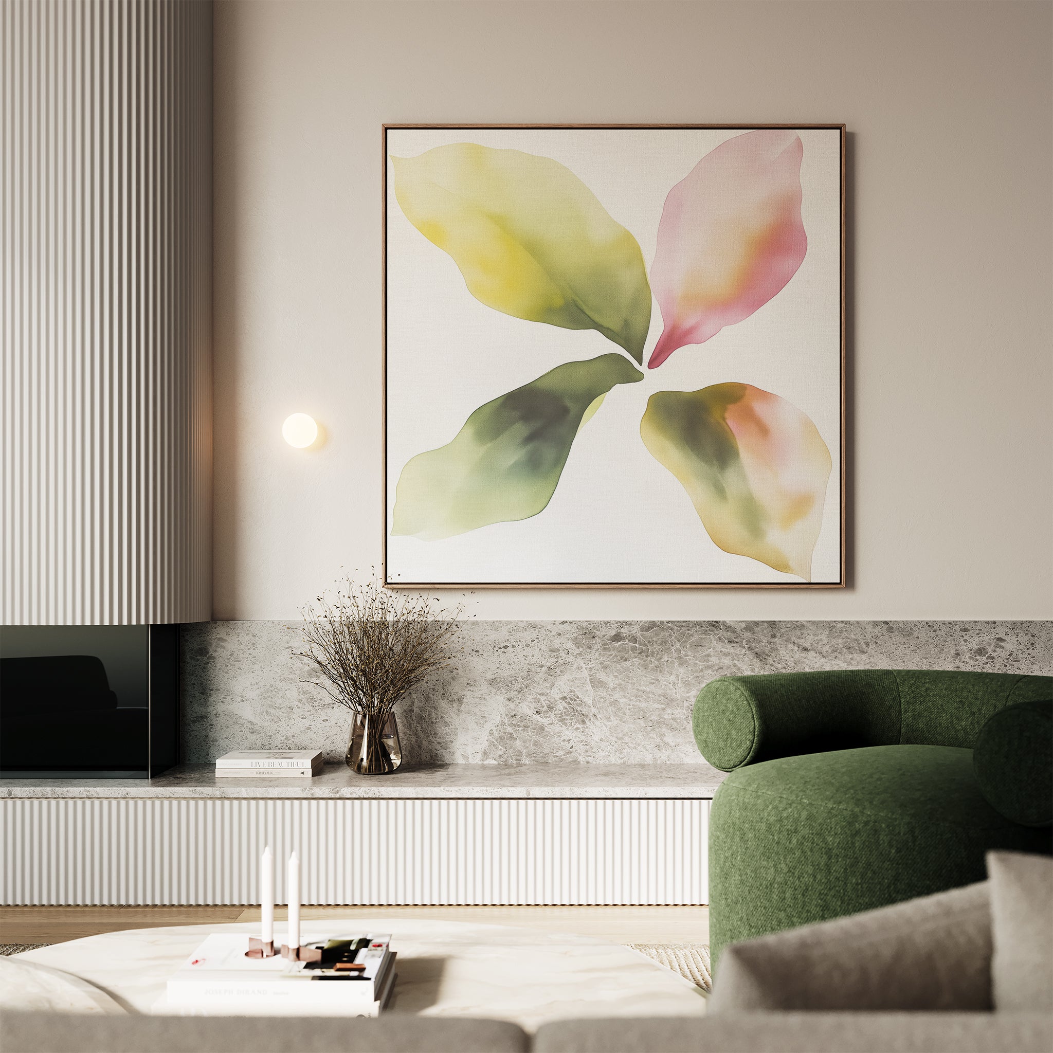 A modern living room with a green armchair, minimalist decor, and the Petal Hues Canvas Art—a large wall print featuring an abstract floral design in pastel green and pink leaves—displayed above a marble surface.