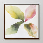 Petal Hues Canvas Art features a framed abstract floral design with four large watercolor-style leaves in green, yellow, and pink on a white background—ideal as modern home decor or wall art.