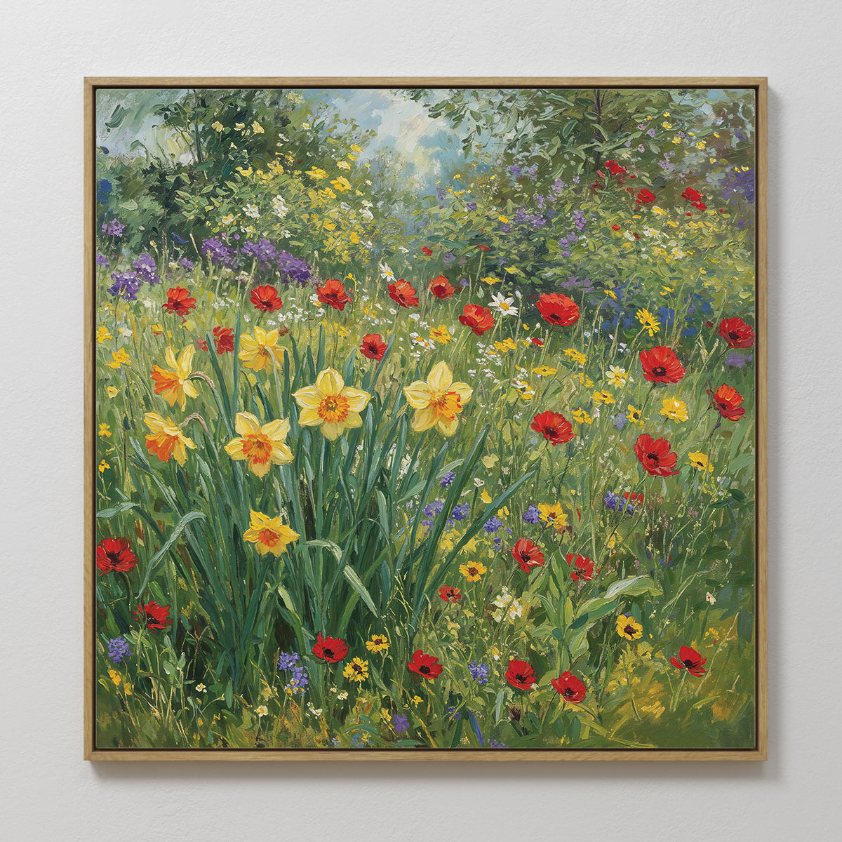 The Poppy Meadow Canvas Art features a vintage-style wildflower meadow with yellow daffodils, red poppies, purple blooms, and lush green foliage set against a softly blurred background of sunlit trees.