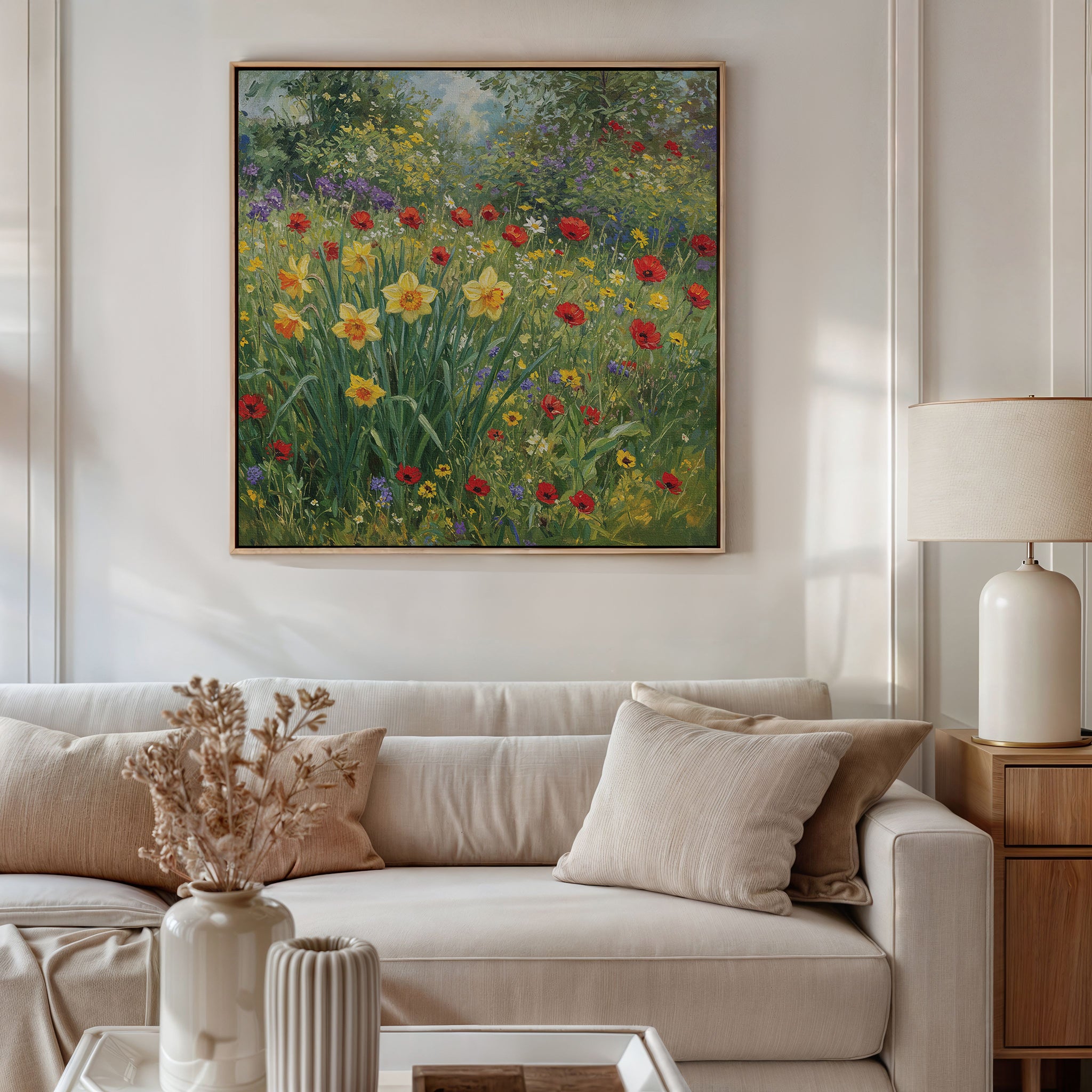 A cozy living room features a white sofa with beige cushions, a side table with a lamp, and a vase of dried flowers. Above the sofa hangs the Poppy Meadow Canvas Art, bringing colorful wildflower garden vibes to the space.
