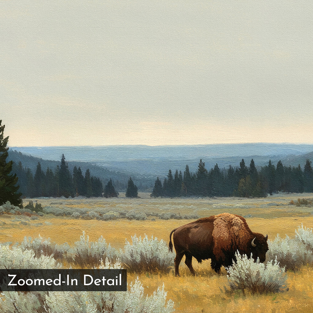 A bison grazes among tall grass and shrubs, with distant pines and rolling hills beneath a cloudy sky—an ideal setting captured in Prairie Silence Canvas Art. Text overlay in the corner reads Zoomed-In Detail.