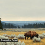 A bison grazes among tall grass and shrubs, with distant pines and rolling hills beneath a cloudy sky—an ideal setting captured in Prairie Silence Canvas Art. Text overlay in the corner reads Zoomed-In Detail.