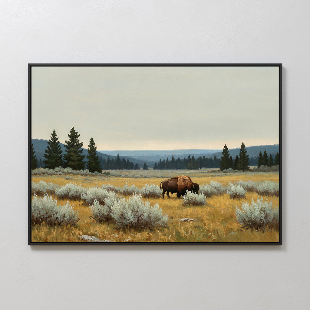 Prairie Silence Canvas Art captures a bison grazing among sagebrush and pines beneath a cloudy sky, bringing serene, nature-inspired decor to any space.