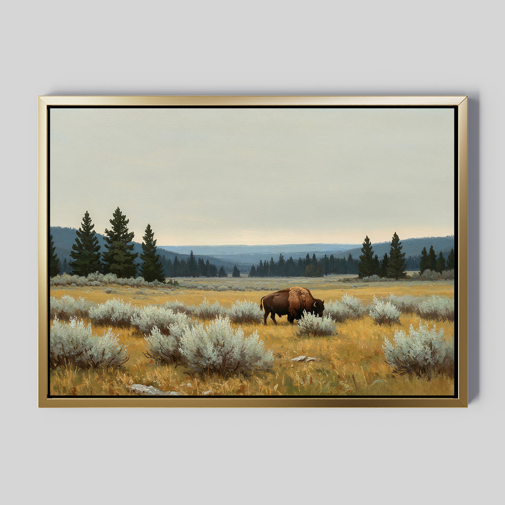 The Prairie Silence Canvas Art, showcasing a bison grazing among sagebrush and pines under a cloudy sky, brings stunning nature-inspired decor to any serene space.