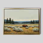 The Prairie Silence Canvas Art, showcasing a bison grazing among sagebrush and pines under a cloudy sky, brings stunning nature-inspired decor to any serene space.