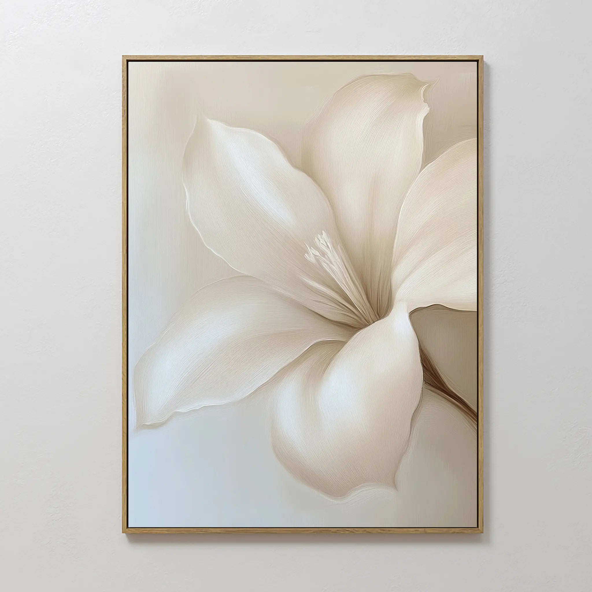 Pure Magnolia Canvas Art features a large, elegant white magnolia with soft petals on a neutral background—ideal minimalist wall decor that brings serene beauty to any bedroom.